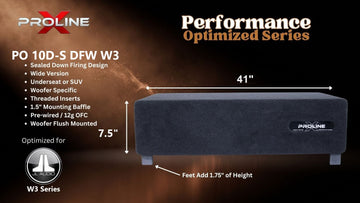 Proline X PO 10D-S DFW W3 sealed down-fire wide enclosure for two JL Audio 10W3v3, 41 inches wide by 7.5 inches tall, feet add 1.75 inches of height.