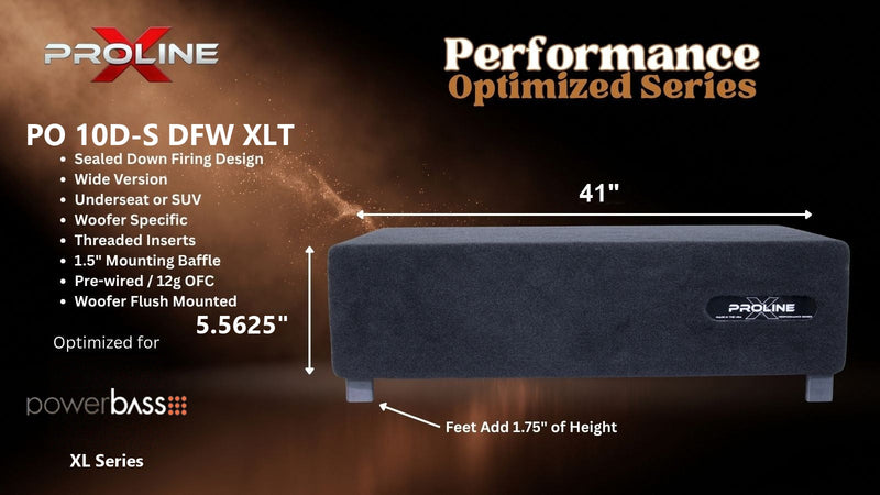 Proline X PO 10D-S DFW XLT sealed down-fire wide enclosure for two PowerBass XL-1040T, 41 inches wide by 5.5625 inches tall, feet add 1.75 inches of height.