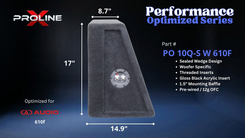 Proline X PO 10Q-S W 610F quad 10 inch sealed wide wedge enclosure for the DD Audio 610f, side profile with top and base depth. 44" W x 17" H x 14.90" D at base tapering to 8.71" D at top.