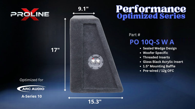 Proline X PO 10Q-S W A quad 10 inch sealed wide wedge enclosure for the Arc Audio A-Series 10, side profile with top and base depth. 44" W x 17" H x 15.29" D at base tapering to 9.10" D at top.