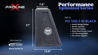 Proline X PO 10Q-S W BLACK quad 10 inch sealed wide wedge enclosure for the Arc Audio Black Series 10, side profile with top and base depth. 44" W x 17" H x 13.75" D at base tapering to 7.57" D at top.
