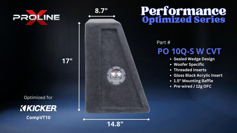 Proline X PO 10Q-S W CVT quad 10 inch sealed wide wedge enclosure for the Kicker CompVT10, side profile with top and base depth. 44" W x 17" H x 14.85" D at base tapering to 8.67" D at top.