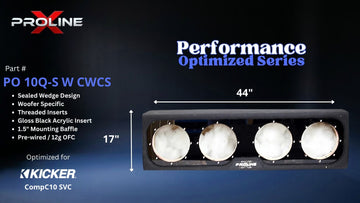 Proline X PO 10Q-S W CWCS quad 10 inch sealed wide wedge enclosure for the Kicker CompC10 SVC, front view with width and height. 44" W x 17" H x 17.04" D at base tapering to 10.85" D at top.