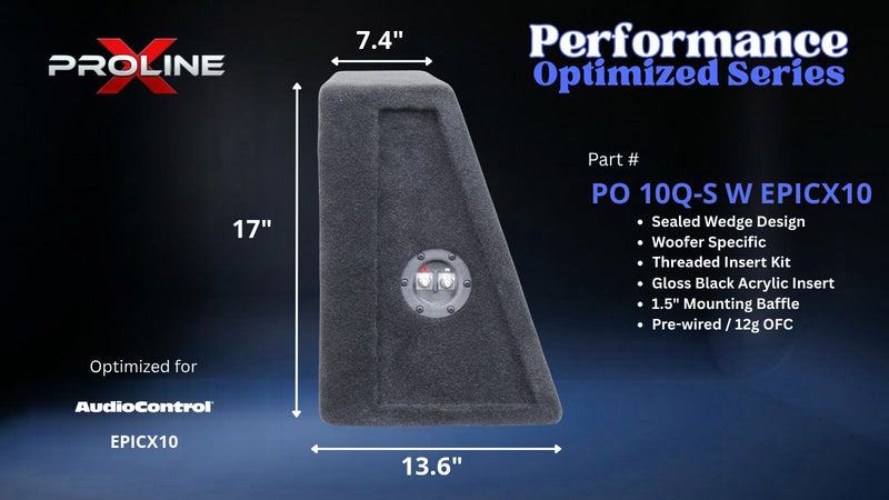 Proline X PO 10Q-S W EPICX10 quad 10 inch sealed wide wedge enclosure for the AudioControl EPICX10, side profile with top and base depth. 44" W x 17" H x 13.59" D at base tapering to 7.40" D at top.