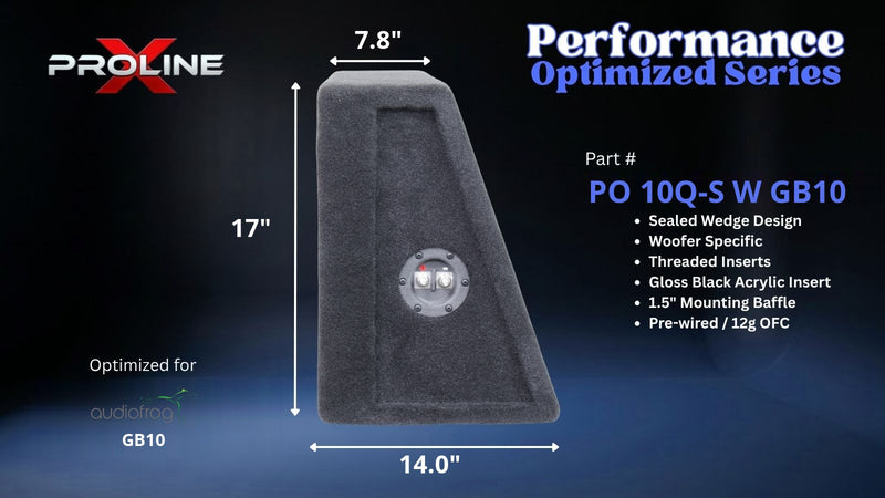 Proline X PO 10Q-S W GB10 quad 10 inch sealed wide wedge enclosure for the Audiofrog GB10, side profile with top and base depth. 44" W x 17" H x 13.96" D at base tapering to 7.78" D at top.