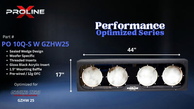 Proline X PO 10Q-S W GZHW25 quad 10 inch sealed wide wedge enclosure for the Ground Zero GZHW 25, front view with width and height. 44" W x 17" H x 14.85" D at base tapering to 8.66" D at top.