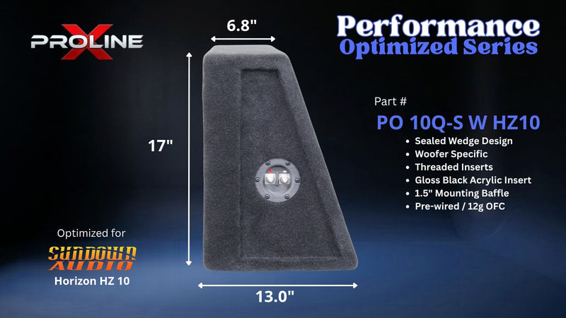 Proline X PO 10Q-S W HZ10 quad 10 inch sealed wide wedge enclosure for the Sundown Audio Horizon HZ 10, side profile with top and base depth. 44" W x 17" H x 13.04" D at base tapering to 6.85" D at top.
