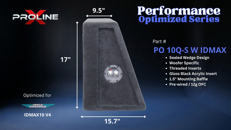 Proline X PO 10Q-S W IDMAX quad 10 inch sealed wide wedge enclosure for the Image Dynamics IDMAX10 V4, side profile with top and base depth. 44" W x 17" H x 15.66" D at base tapering to 9.48" D at top.