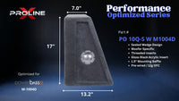 Proline X PO 10Q-S W M1004D quad 10 inch sealed wide wedge enclosure for the PowerBass M-1004D, side profile with top and base depth. 44" W x 17" H x 13.16" D at base tapering to 6.97" D at top.