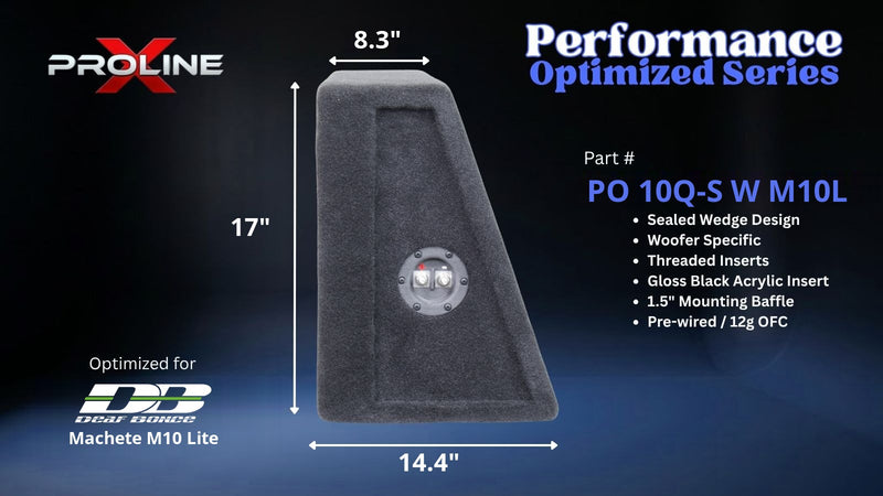 Proline X PO 10Q-S W M10L quad 10 inch sealed wide wedge enclosure for the Deaf Bonce Machete M10 Lite, side profile with top and base depth. 44" W x 17" H x 14.44" D at base tapering to 8.26" D at top.
