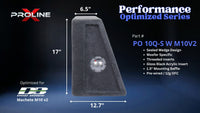 Proline X PO 10Q-S W M10V2 quad 10 inch sealed wide wedge enclosure for the Deaf Bonce Machete M10 v2, side profile with top and base depth. 44" W x 17" H x 12.72" D at base tapering to 6.53" D at top.
