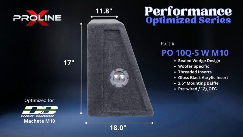 Proline X PO 10Q-S W M10 quad 10 inch sealed wide wedge enclosure for the Deaf Bonce Machete M10, side profile with top and base depth. 44" W x 17" H x 18.00" D at base tapering to 11.81" D at top.