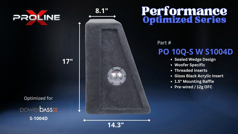 Proline X PO 10Q-S W S1004D quad 10 inch sealed wide wedge enclosure for the PowerBass S-1004D, side profile with top and base depth. 44" W x 17" H x 14.26" D at base tapering to 8.07" D at top.
