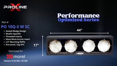 Proline X PO 10Q-S W SC quad 10 inch sealed wide wedge enclosure for the Morel Ultimo Ti SC102 / SC104, front view with width and height. 44" W x 17" H x 17.68" D at base tapering to 11.50" D at top.
