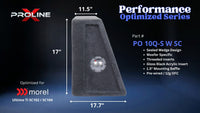 Proline X PO 10Q-S W SC quad 10 inch sealed wide wedge enclosure for the Morel Ultimo Ti SC102 / SC104, side profile with top and base depth. 44" W x 17" H x 17.68" D at base tapering to 11.50" D at top.