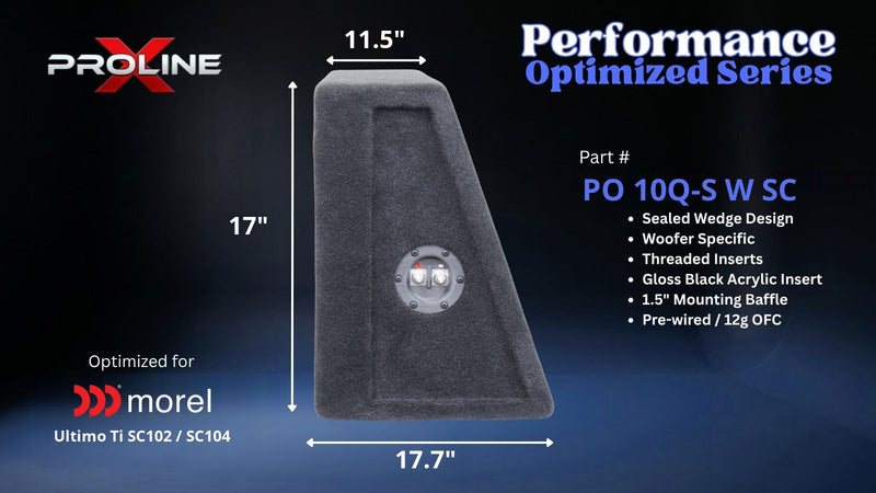 Proline X PO 10Q-S W SC quad 10 inch sealed wide wedge enclosure for the Morel Ultimo Ti SC102 / SC104, side profile with top and base depth. 44" W x 17" H x 17.68" D at base tapering to 11.50" D at top.
