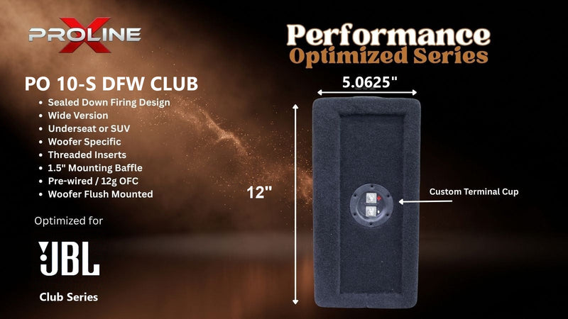 Proline X PO 10-S DFW CLUB sealed down-fire wide enclosure, end panel with side-mounted terminal cup, 5.0625 inches tall by 12 inches deep.