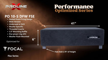 Proline X PO 10-S DFW FSE sealed down-fire wide enclosure for the Focal Flax Evo P 25 FSE, 41 inches wide by 6 inches tall, feet add 1.75 inches of height.