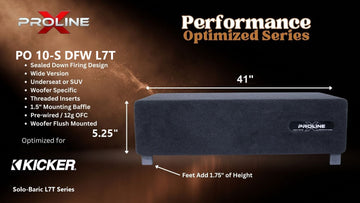 Proline X PO 10-S DFW L7T sealed down-fire wide enclosure for the Kicker Solo-Baric L7T, 41 inches wide by 5.25 inches tall, feet add 1.75 inches of height.