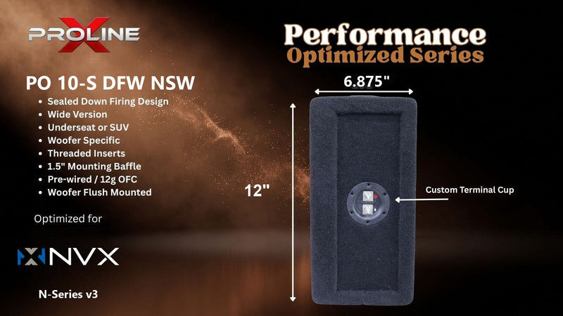 Proline X PO 10-S DFW NSW sealed down-fire wide enclosure, end panel with side-mounted terminal cup, 6.875 inches tall by 12 inches deep.