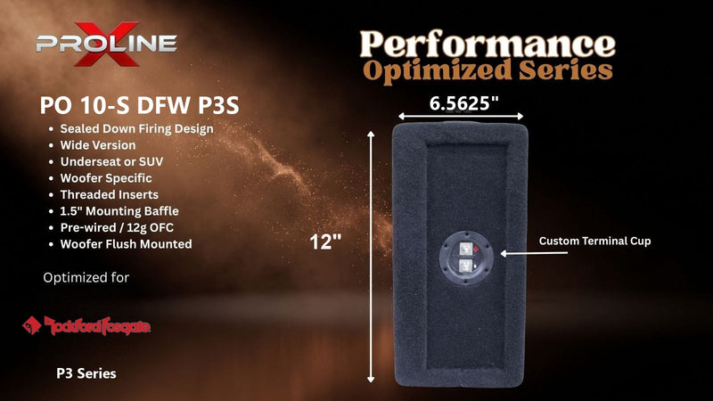 Proline X PO 10-S DFW P3S sealed down-fire wide enclosure, end panel with side-mounted terminal cup, 6.5625 inches tall by 12 inches deep.
