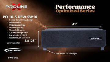 Proline X PO 10-S DFW SW10 sealed down-fire wide enclosure for the Arc Audio SW10, 41 inches wide by 4.8125 inches tall, feet add 1.75 inches of height.