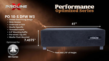 Proline X PO 10-S DFW W3 sealed down-fire wide enclosure for the JL Audio 10W3v3, 41 inches wide by 7.4375 inches tall, feet add 1.75 inches of height.
