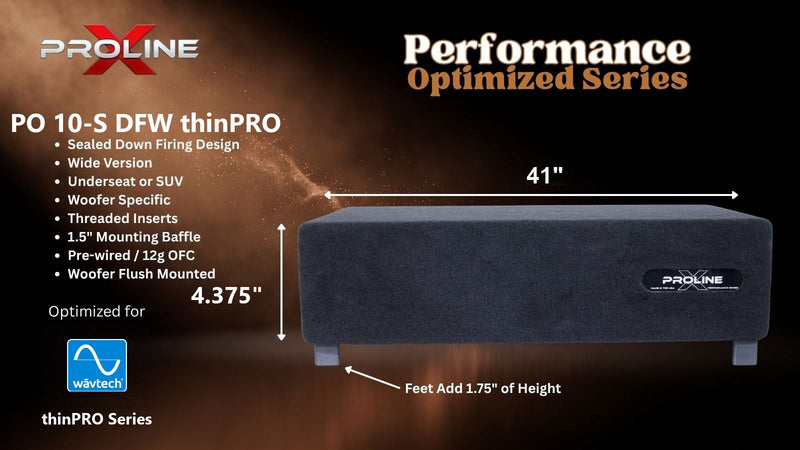Proline X PO 10-S DFW thinPRO sealed down-fire wide enclosure for the Wavtech thinPRO10, 41 inches wide by 4.375 inches tall, feet add 1.75 inches of height.