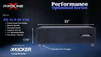 Proline X PO 12-P DF CVR ported down fire enclosure, front panel on 1.75 inch feet, 31 by 7.75 inches.