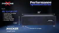 Proline X PO 12-P DF CVT ported down fire enclosure, front panel on 1.75 inch feet, 31 by 7.75 inches.