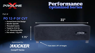 Proline X PO 12-P DF CVT ported down fire enclosure, front panel on 1.75 inch feet, 31 by 7.75 inches.