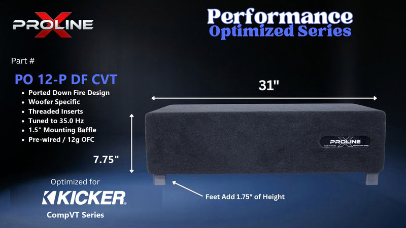 Proline X PO 12-P DF CVT ported down fire enclosure, front panel on 1.75 inch feet, 31 by 7.75 inches.