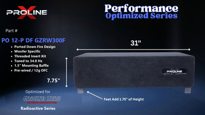 Proline X PO 12-P DF GZRW300F ported down fire enclosure, front panel on 1.75 inch feet, 31 by 7.75 inches.