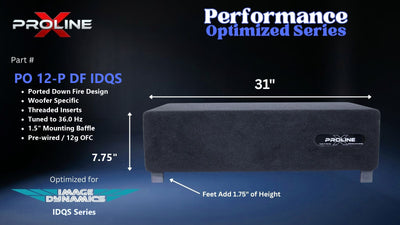 Proline X PO 12-P DF IDQS ported down fire enclosure, front panel on 1.75 inch feet, 31 by 7.75 inches.
