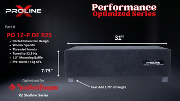 Proline X PO 12-P DF R2S ported down fire enclosure, front panel on 1.75 inch feet, 31 by 7.75 inches.