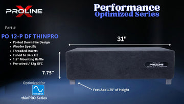 Proline X PO 12-P DF THINPRO ported down fire enclosure, front panel on 1.75 inch feet, 31 by 7.75 inches.