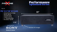 Proline X PO 12-P DF W124ES ported down fire enclosure, front panel on 1.75 inch feet, 31 by 7.75 inches.