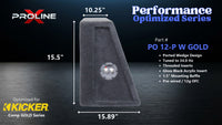 Proline X PO 12-P W GOLD ported wedge enclosure, side profile with recessed terminal cup, 10.25 inch top, 15.89 inch base, 16 inches tall. Optimized for Image Dynamics IDMAX.