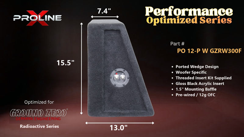 Proline X PO 12-P W GZRW300F ported wedge, side profile with recessed terminal cup, 13 inch base, 15.5 inches tall.