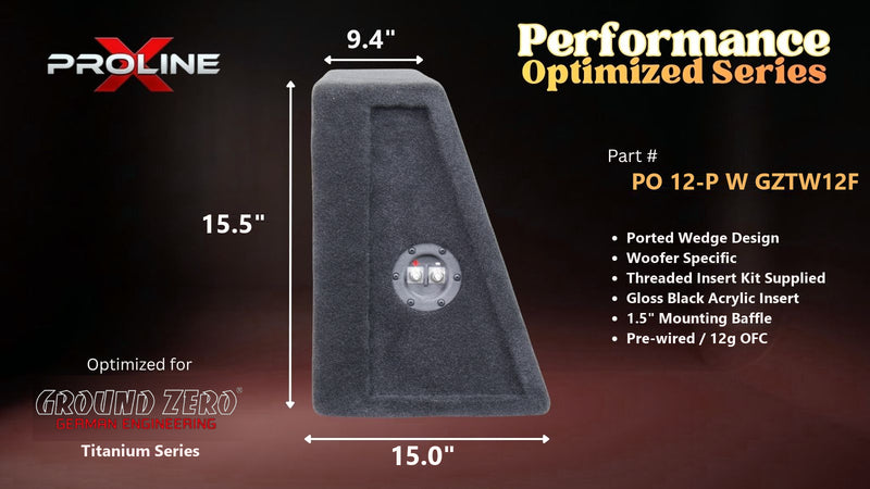 Proline X PO 12-P W GZTW12F ported wedge, side profile with recessed terminal cup, 15.02 inch base, 15.5 inches tall.