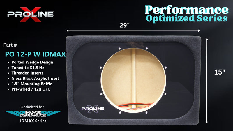 Proline X PO 12-P W IDMAX ported wedge enclosure, front baffle with gloss black acrylic insert and pre-wired leads, 29 by 15 inches. Optimized for Image Dynamics IDMAX.