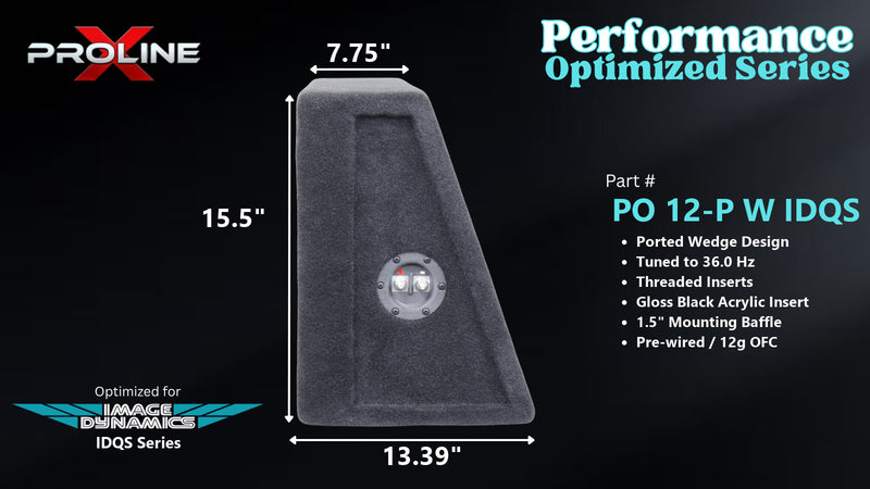 Proline X PO 12-P W IDQS ported wedge enclosure, side profile with recessed terminal cup, 7.75 inch top, 13.39 inch base, 16 inches tall. Optimized for Image Dynamics IDMAX.