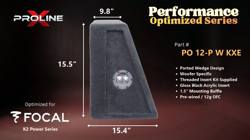 Proline X PO 12-P W KXE ported wedge, side profile with recessed terminal cup, 15.39 inch base, 15.5 inches tall.