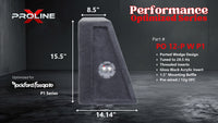 Proline X PO 12-P W P1 ported wedge enclosure, side profile with recessed terminal cup, 8.50 inch top, 14.14 inch base, 16 inches tall. Optimized for Image Dynamics IDMAX.