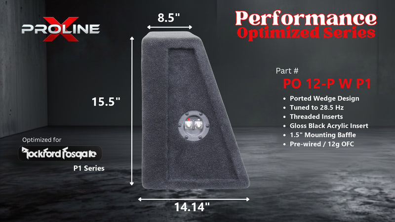 Proline X PO 12-P W P1 ported wedge enclosure, side profile with recessed terminal cup, 8.50 inch top, 14.14 inch base, 16 inches tall. Optimized for Image Dynamics IDMAX.