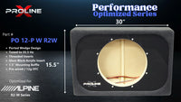 Proline X PO 12-P W R2W ported wedge enclosure, front baffle with gloss black acrylic insert and pre-wired leads, 30 by 16 inches. Optimized for Image Dynamics IDMAX.