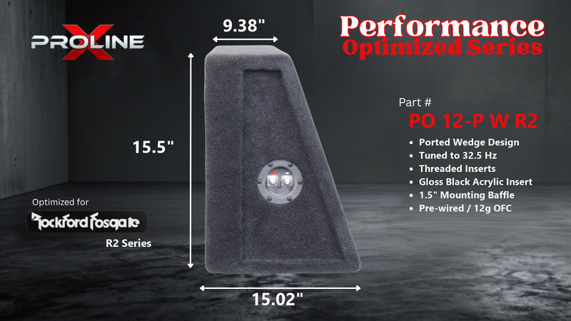 Proline X PO 12-P W R2 ported wedge enclosure, side profile with recessed terminal cup, 9.38 inch top, 15.02 inch base, 16 inches tall. Optimized for Image Dynamics IDMAX.