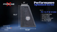 Proline X PO 12-P W S1204 ported wedge enclosure, side profile with recessed terminal cup, 9.00 inch top, 14.64 inch base, 16 inches tall. Optimized for Image Dynamics IDMAX.