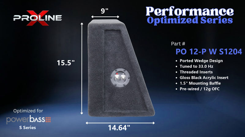 Proline X PO 12-P W S1204 ported wedge enclosure, side profile with recessed terminal cup, 9.00 inch top, 14.64 inch base, 16 inches tall. Optimized for Image Dynamics IDMAX.
