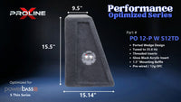 Proline X PO 12-P W S12TD ported wedge enclosure, side profile with recessed terminal cup, 9.50 inch top, 15.14 inch base, 16 inches tall. Optimized for Image Dynamics IDMAX.
